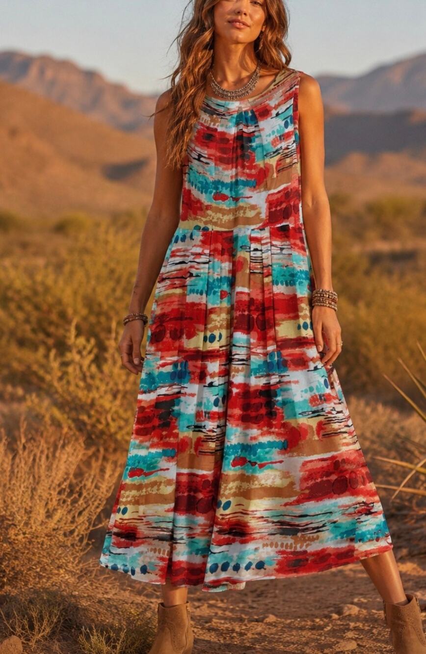 AGB colorful high neck pleated skirt maxi long resort wear vacation sundress S